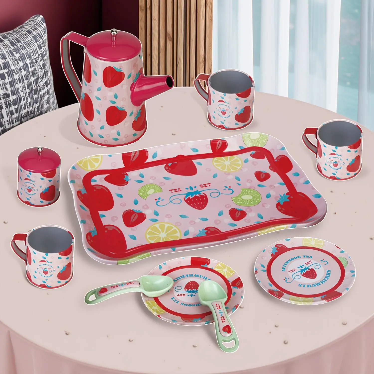 Strawberry Pattern Tea Set, 10pcs/set Pretend Play Tea Pot & Cups & Plates & Spoon & Fork Set, Kitchen Toy for Little Girls Birthday Gifts
