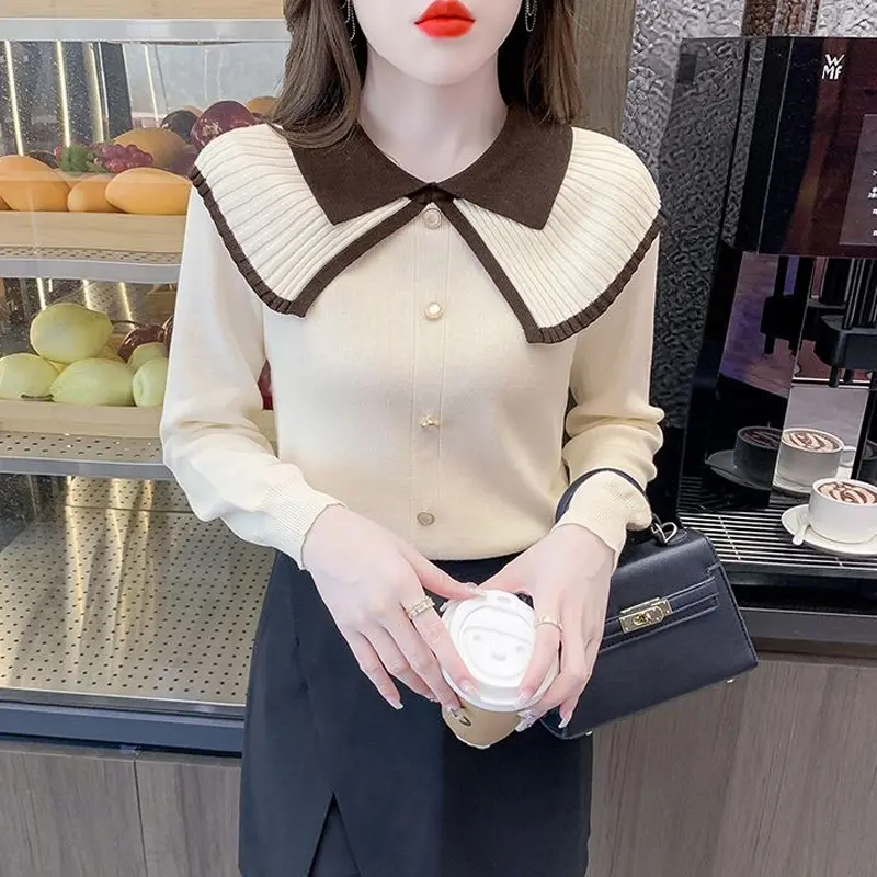 Áo Len Dệt Kim, Phong Cách Hàn Quốc, Cổ Búp Bê, Ve Áo, Tay Dài, Dành Cho Nữ, Màu Tương Phản Women Top