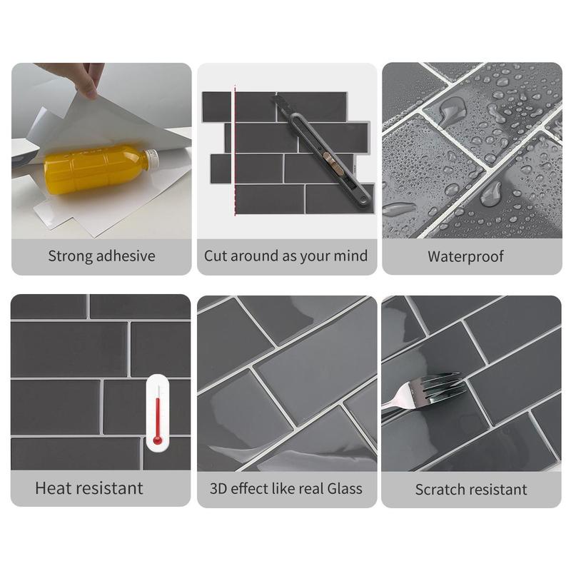 3D Brick Pattern Wall Sticker, 5 Counts/Pack Self-adhesive Removable Heat-resistant Wallpaper, Waterproof Tile Stickers for Home Kitchen Bathroom Living Room 2
