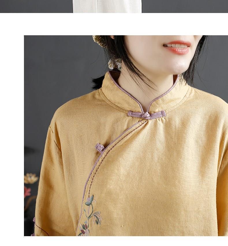 Product Introduction of Oemg2024 Summer New Chinese Style Retro Cotton and Linen Shirt Women's Chinese Style Stand-up Collar Frog Button Top Embroidered Cotton Tea Clothes 9