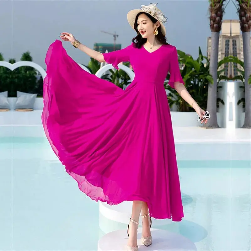 Maxy Dress Wanita lengan 3/4 terompet model payung V neck bahan sifon ceruty S M L XL Jumbo