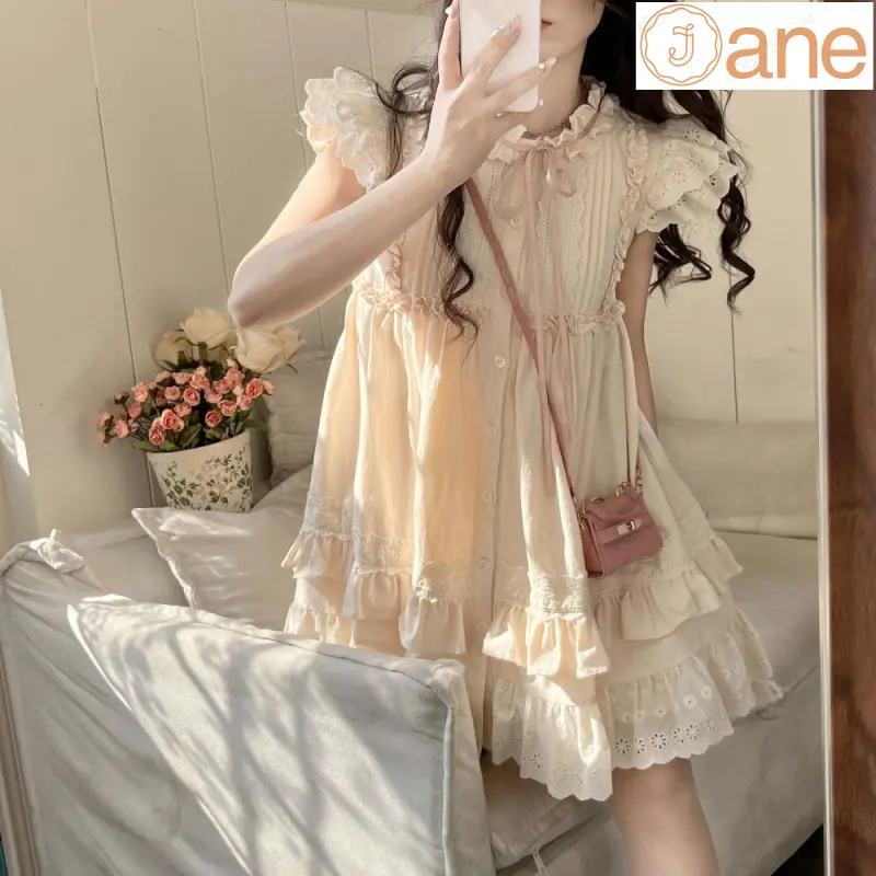 J*Heavy industry bow, lotus leaf edge flying sleeve dress, women's summer mushroom edge temperament, small skirt Lolita shirt short skirt