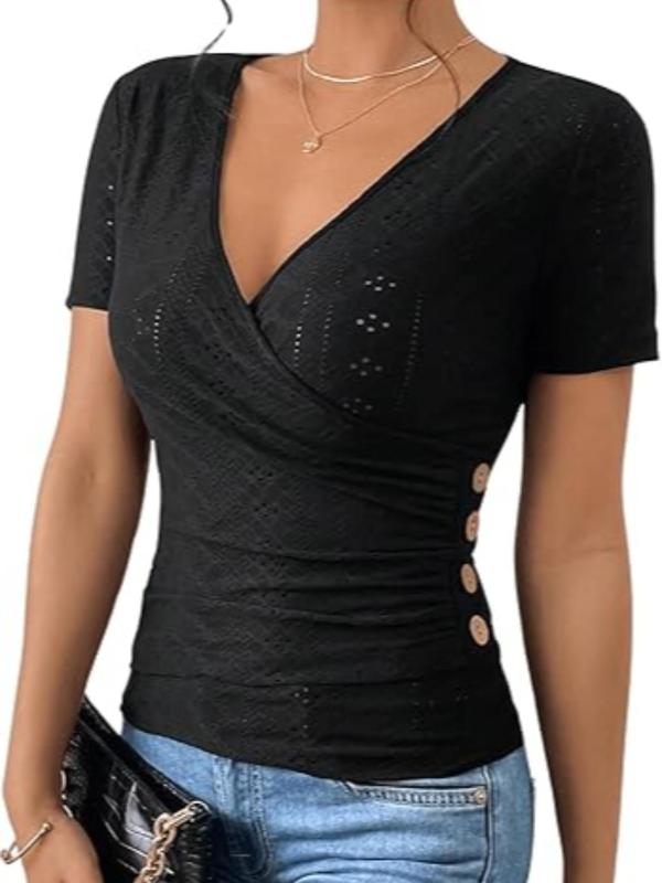 Women's Plain Eyelet Embroidery Ruched Wrap V Neck Tee, Elegant Fake Buttons Decor Short Sleeve T-shirt for Summer, Ladies Clothes for Daily Wear 8