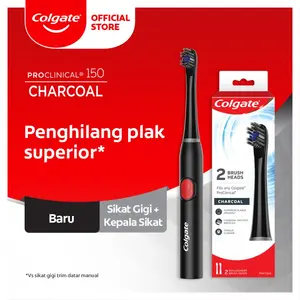 Colgate Sikat Gigi Elektrik + Kepala Sikat Proclinical Charcoal B150 Sikat Gigi Electric Toothbrush Dewasa, Waterproof, Getaran Ultrasonik, Bulu Sikat Lembut, Cocok Untuk Pengguna Behel dan Gigi Sensitif