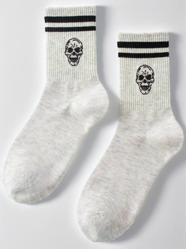 Women's 1 Pair Skull & Striped Pattern Crew Socks, Sporty Casual Mid-calf Socks, Ribbed Knit Socks for Women, Women's Hosiery 4