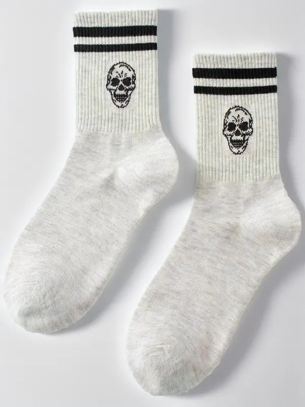 Women's 1 Pair Skull & Striped Pattern Crew Socks, Sporty Casual Mid-calf Socks, Ribbed Knit Socks for Women, Women's Hosiery 4