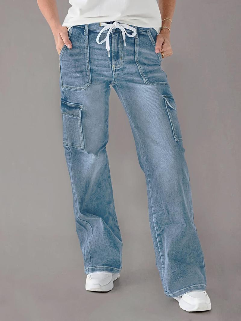 Product Introduction of 【Plus Size】 Solid Tie Front Pocket Cargo Jeans, 1 Count Casual Street Fashion Denim Pants for Daily Wear, Women's Bottoms for All Seasons 4