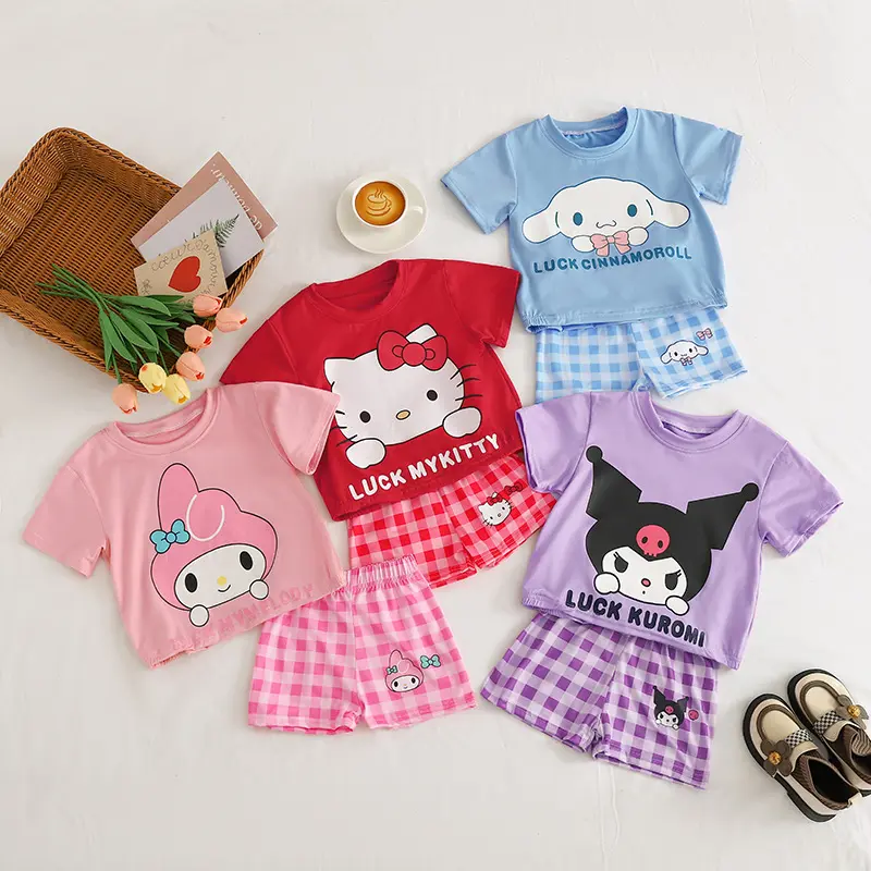 New 2025 summer outfits for girls in Southeast Asia: cute and loose cartoon-themed casual sets with checkered shorts