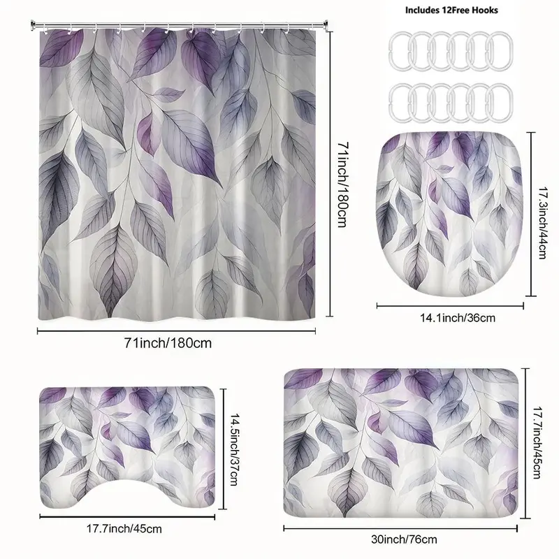 Leaf Print Shower Curtain Set, 1 Shower Curtain with 12 Hooks, 1 Toilet Lid Cover, 1 Rectangular Mat, 1 U-shaped Mat, Bathroom Decor Supplies 1