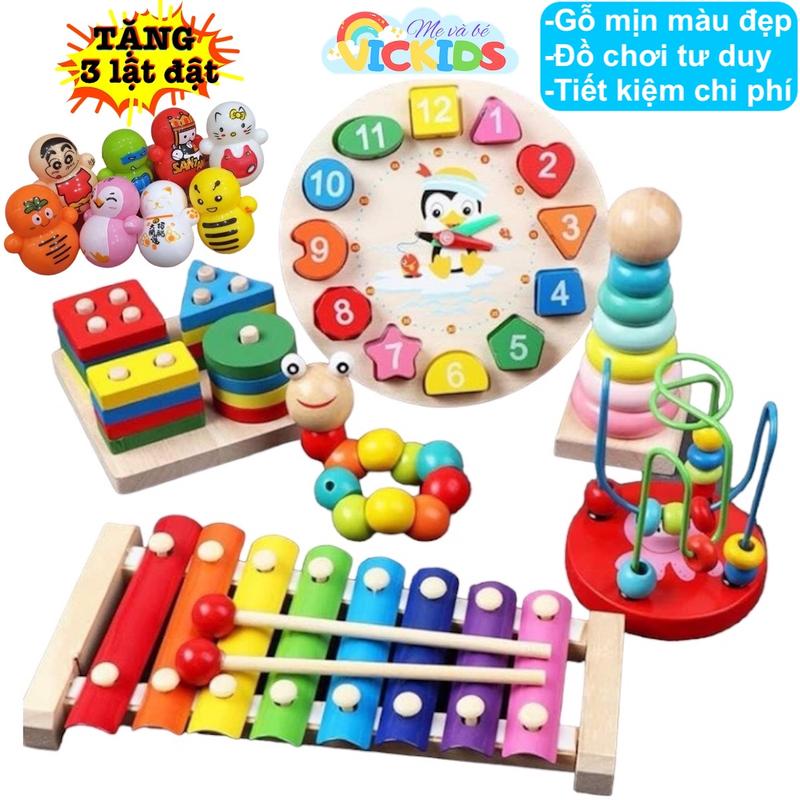 Combo 6 Món Đồ Chơi Gỗ Phát Triển Tư Duy Cho Bé, Gồm Đàn, Xếp Chồng, Thả Khối, Đồng Hồ Xâu Hạt, Con Sâu Gỗ, Luồn Hạt, Tặng Kèm Lật Đật Mini Xếp Hình