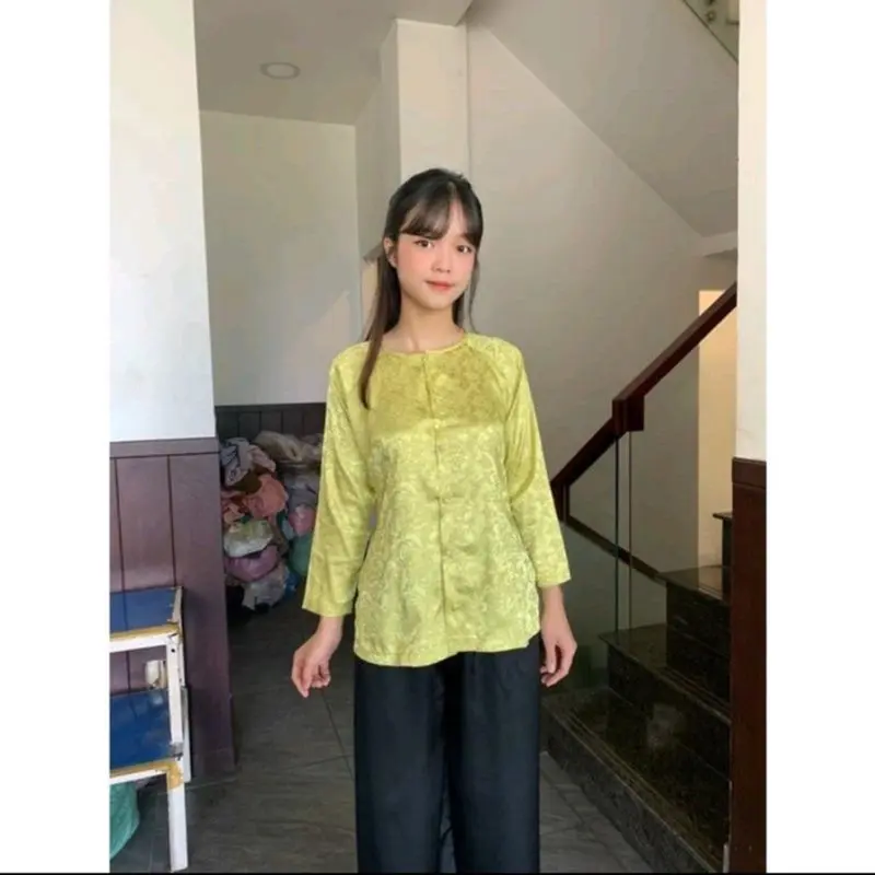 Áo Bà Ba ( Áo lẻ ) Gấm Lụa Hoa Văn - Tay Dài Nút ngọċ Trai- Loại  1 - Hàng May Của Hàng - Đủ Size Đủ Màu Women Top Sơ Mi 4