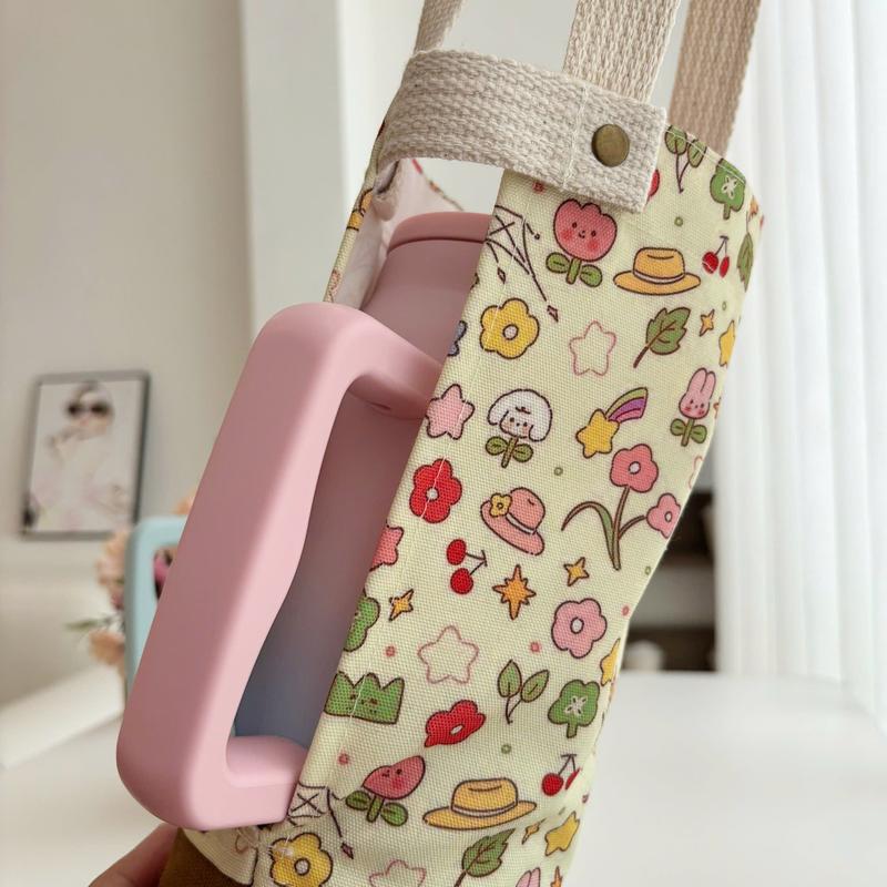 Túi đựng bình nước bottle bag thiết kế mới 2 quai chất liệu canvas phối vải in hình hoạt hình hoa lá Hiany AV03 8