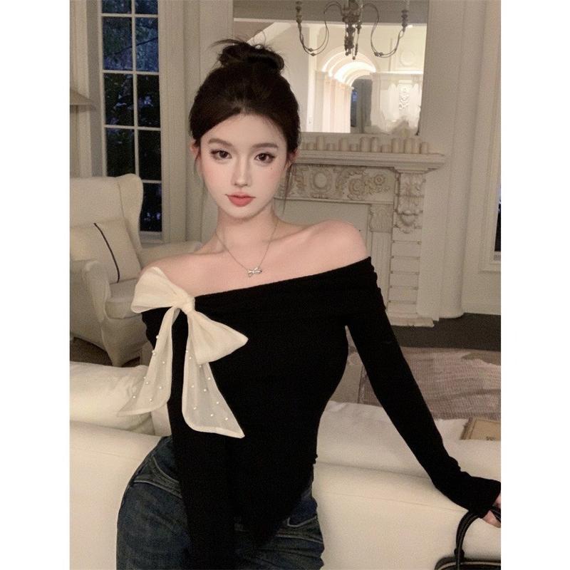 Ngọc Bích Bigsize Áo thun tăm trễ vai tay dài đính nơ ngọc ms 109 nữ women Voi Top 2