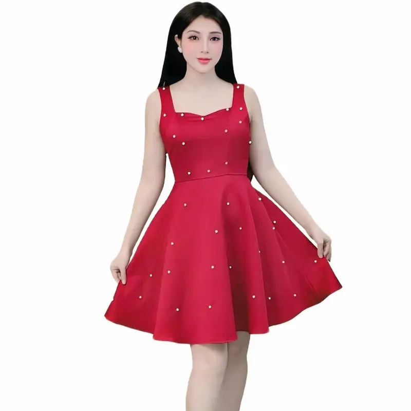 Váy dài thiết kế tiểu thư ngọc trai đính nơ màu đỏ tươi 0