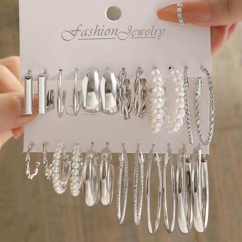 Anting-anting Stud Perak Wanita, 9 Keping, Berbilang Pek, Set Anting-Anting Berbilang Lubang Hipoalergenik, Anting-anting Gelung Stud Rama-rama Mutiara Dimensi, Termasuk Pakej 0