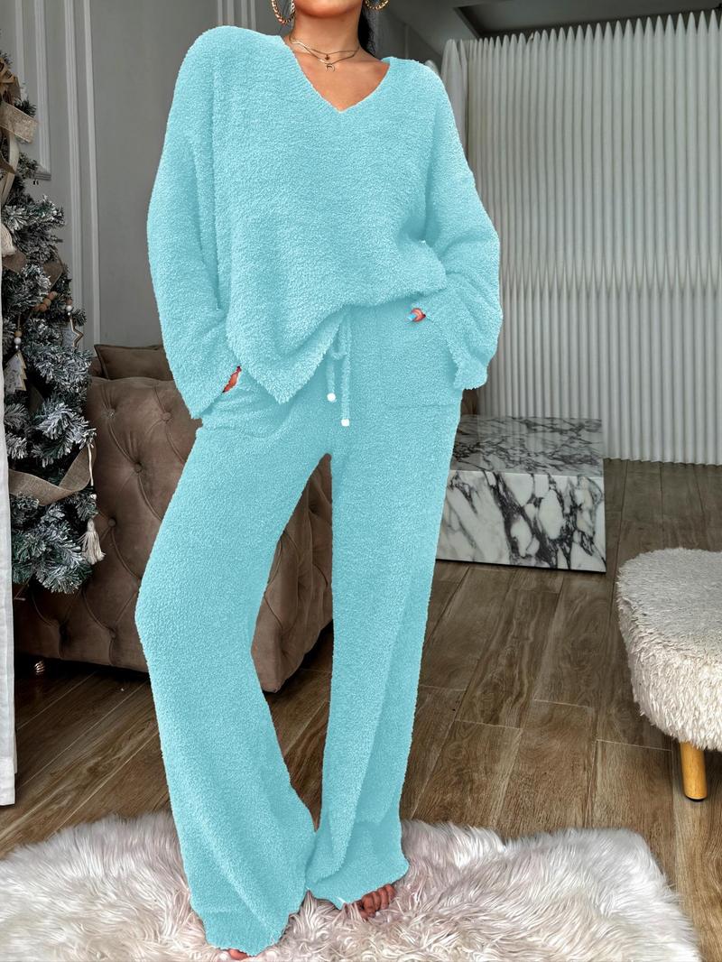Product Introduction of 【COZY PAJAMA SET】Women's Solid High Low Split Hem Top & Pocket Pants Plush Pyjama Set, Casual Long Sleeve V Neck Top & Drawstring Trousers PJ Set, Women's Fluffy Pajamas for Fall & Winter, Glam Lounge Wear 5