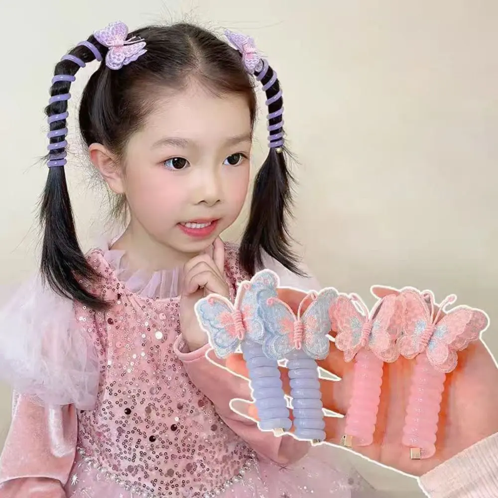 Cute Elastic Telephone Wire Line Butterfly DIY Hair Bundle Phone Cord Straight Hair Tie Double Ponytails