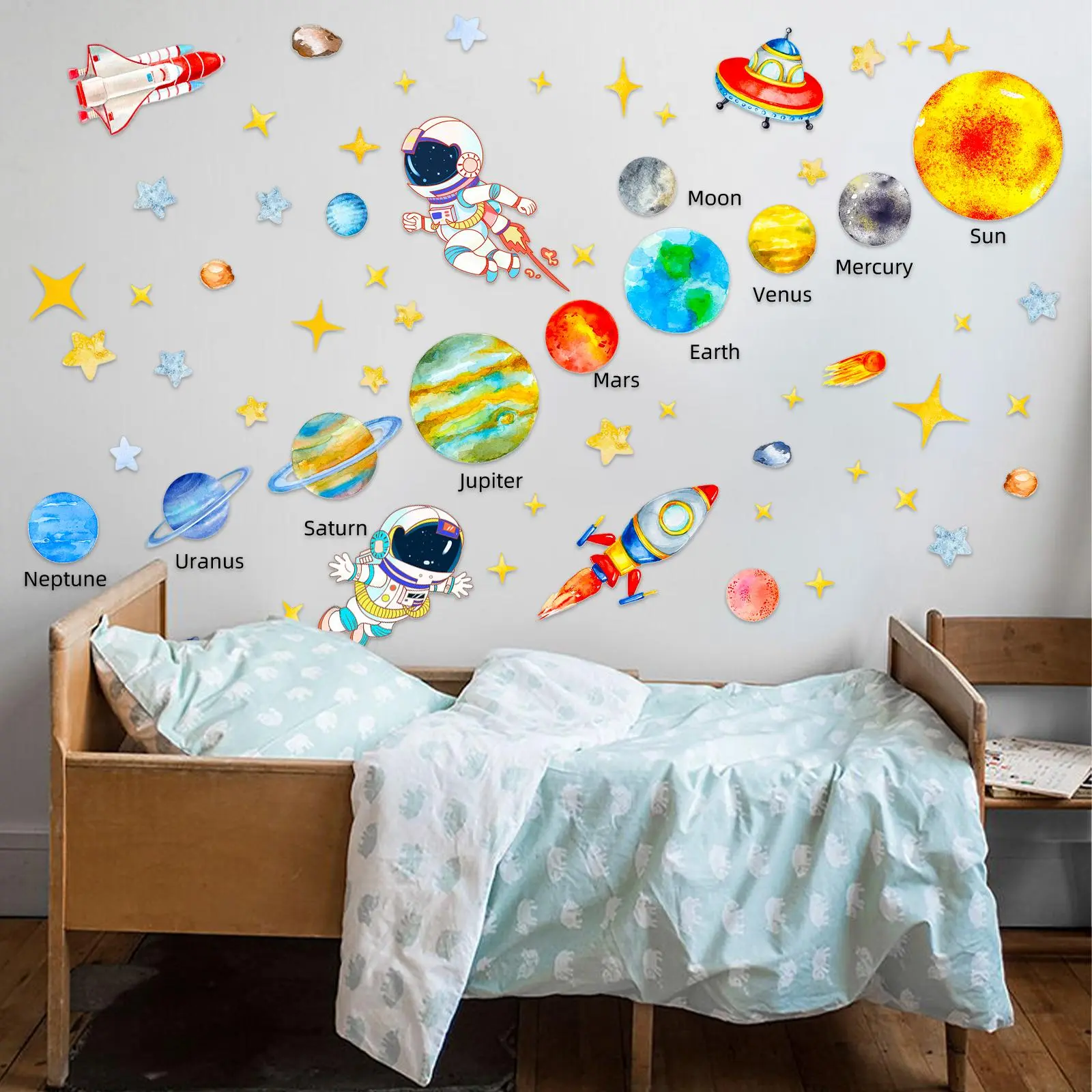 Solar System Pattern Wall Sticker, 1 Count/2 Sheets Colorful Astronaut & Planet Themed Wall Decal, Wall Decor for Baby Room Bedroom Living Room Playroom Classroom Decorations