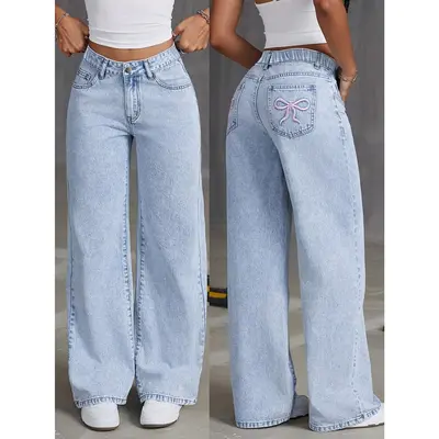 Girls Bow Jeans – High Waist Wide Leg Baggy Denim Pants, Y2K Preppy Streetwear – Cotton Blend, Straight Leg, With Pockets