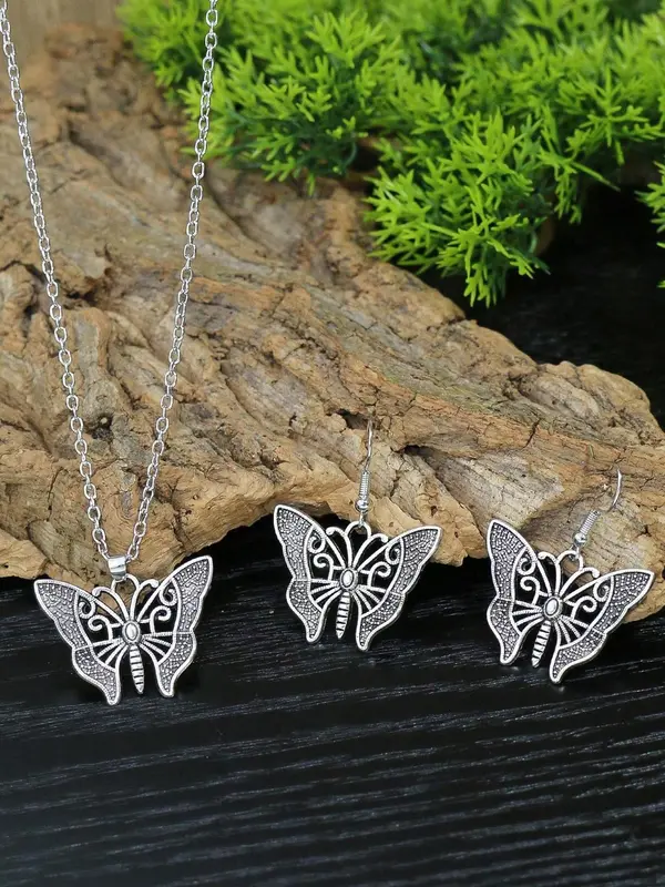 Women's Boho Style Butterfly Themed Design Jewelry Set, 3pcs/set Vintage Hollow out Butterfly Design Necklace & Earrings, Fashion Accessories for Party, Daily Clothing Decor for Girl 0