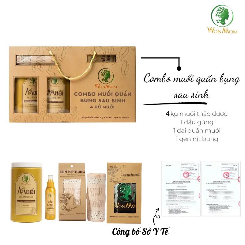 Combo Muối Quấn Bụng Sau Sinh Cỡ Lớn Wonmom ( 4 hủ muối quấn bụng + 1 gen nịt bụng + 1 đai quấn muối + 1 dầu gừng massage) 6