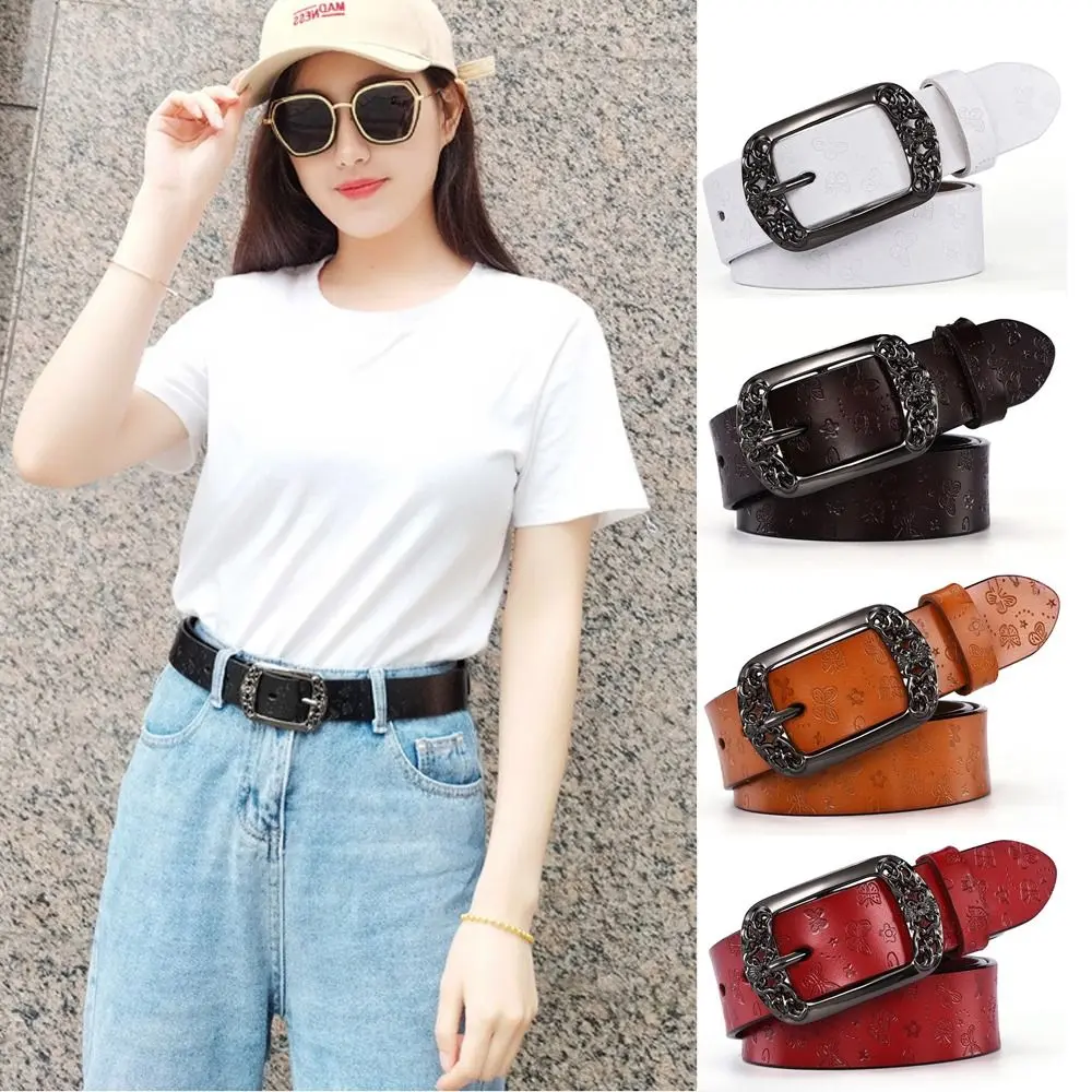 New Natural Cowhide Belt Pin Buckle Adjustable Waistband Printed Waist Strap Decor Accessories