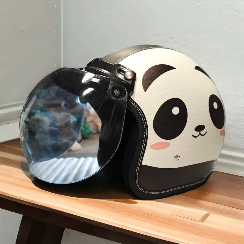 Helm Bogo Kulit Full Leher Retro Wanita Dewasa SNI Motif Mata Panda Putih Kaca Datar Motor Motorcycle Sepeda 3
