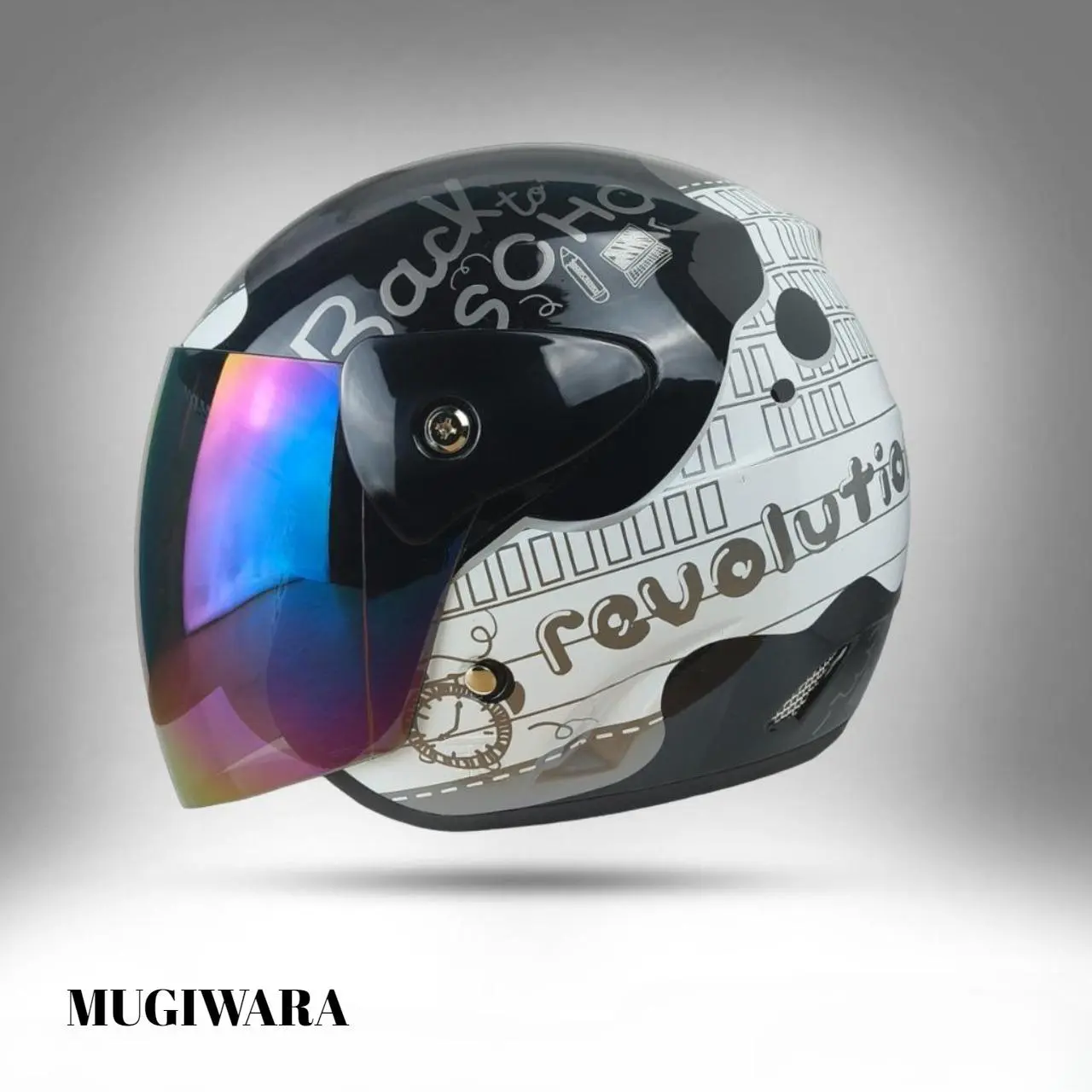 HELM HALF FACE EVO NOTE KACA PELANGI / SILVER / HITAM SMOKE / HELM WANITA HIJAB  DEWASA PREMIUM SNI Motorcycle FREE PACKINGAN DUS Visor