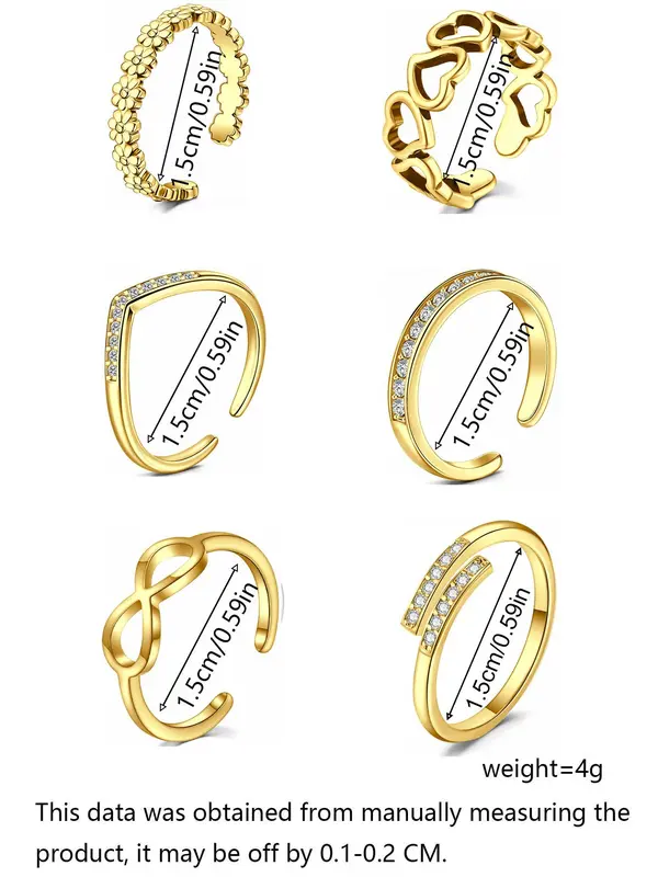 Women's Rhinestone Decorated Toe Rings (6pcs), Adjustable Open Toe Rings for Women & Girls, for Party, Daily Clothing Decor, Birthday Gift, Toe Ring Jewelry 3