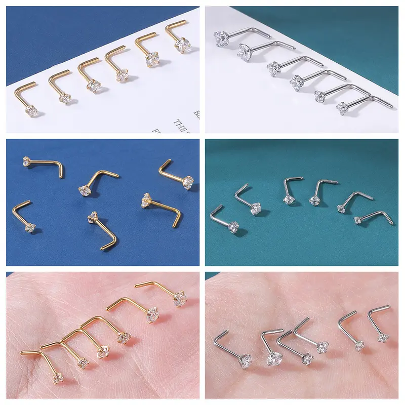 1 PC 18G/20G Stainless Steel Nostril Piercing 1.5/2/2.5/3mm Crystal Nose Piercings L Shape Nose Stud Cubic Zircon Nose Stud 5