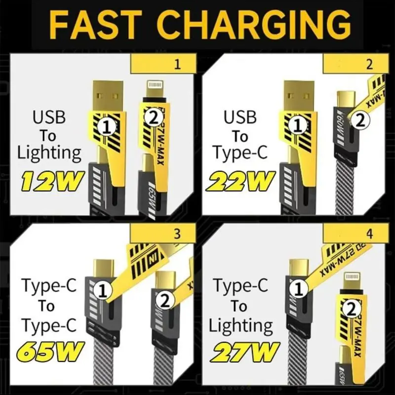 HYUNDAI Cáp dữ liệu 4 cho 1, Type C,USB,Iphone,Cáp dữ liệu hiển thị kỹ thuật số Cáp sạc nhanh, Thích hợp cho cáp sạc cho Huawei, OPPO, vivo, iPhone, 15, 14, 13, 12, 11, sạc siêu nhanh, Cáp sạc Type-C, nhiều cổng bện Phụ Kiện 6