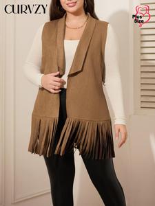 CURVZY Plus Size Solid Color Suede Vest Coat, Casual Fringe Trim Open Front Outerwear for Spring & Fall, Women's Clothes for Daily Wear
