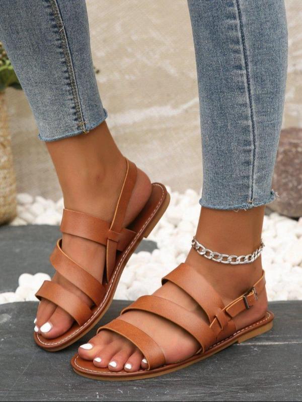 Women's Fashion Plain Pu Leather Sandals, Casual Summer 2024 Flat Sandals, All Match Gladiator Sandals for Daily Wear 1