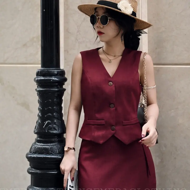 Set thiết kế váy áo Amelia Đỏ Đô- áo croptop gile và chân váy dáng dài sang chảnh, thời thượng Nữ Women Kem Kaki vay 6