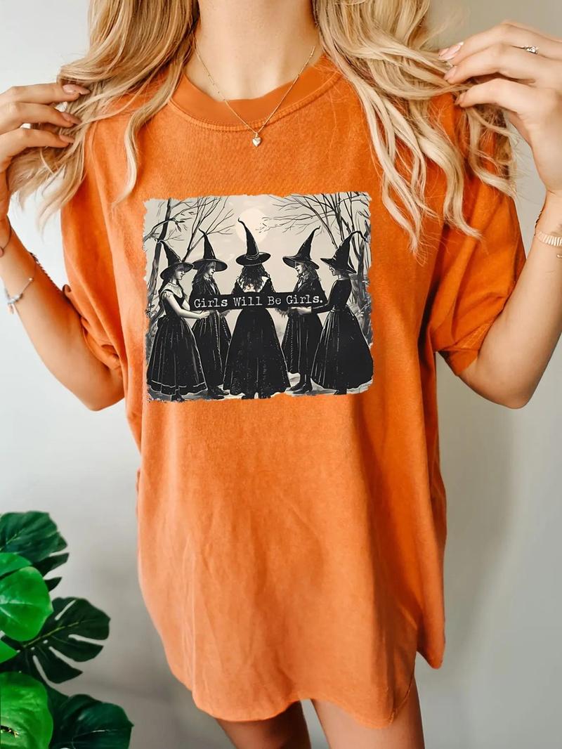 Product Introduction of Women's Moon Print Round Neck Tee, Casual Halloween Witch Hat Print Half Sleeve Crew Neck T-shirt for Summer, Fashion Women's Top for Daily Wear 3