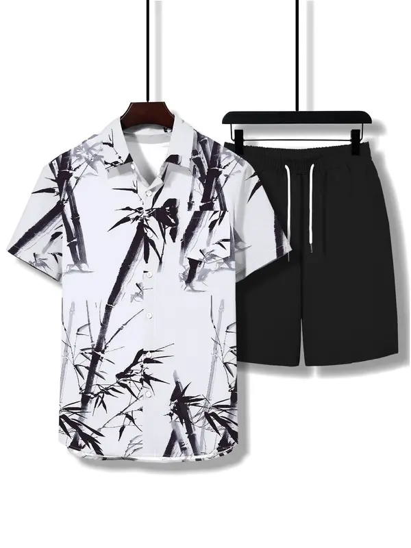 Two-Piece Set Men's Floral Print Shirt & Shorts Set, Regular Fit Casual Short Sleeve Button Front Top & Shorts, Men's Summer Set for Beach Vacation 2