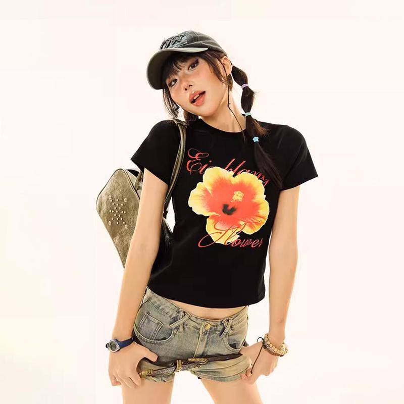 Áo Thun Baby Tee Nữ Tay Ngắn PINKSTORE29 In Hình Bông Hoa A51168
