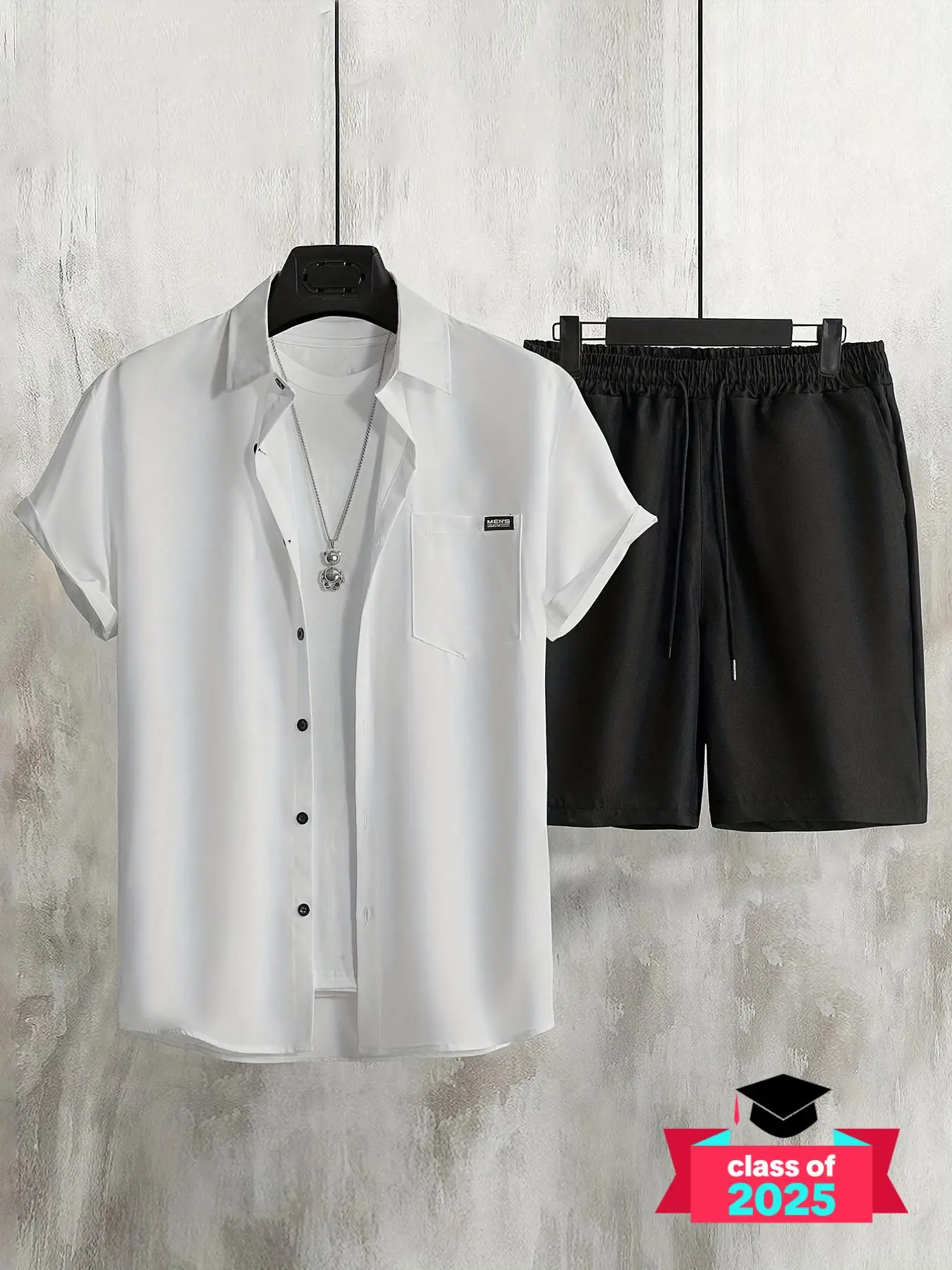 Men's Button Front Patched Drawstring Two-piece Set without Tee & Necklace, Casual Short Sleeve Shirt & Pocket Shorts for Daily Wear, Fashion Men Outfits
