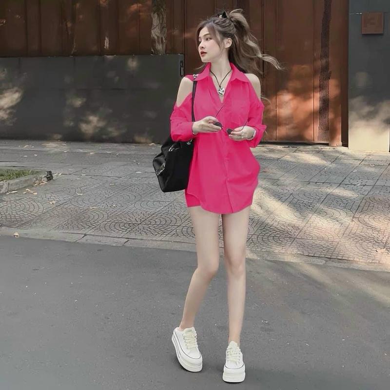 Sét Bộ Đồ nữ 2 món gồm áo sơ mi hở vai mix quần ngắn ống rộng cực chất có 3 màu 5