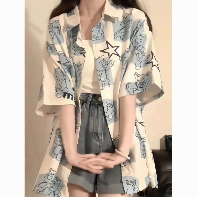 Áo Sơ Mi ngắn Tay Dáng Rộng Hình Gấu, Phong Cách Nhật Bản, Thiết Kế Đẹp, Áo Ngoại Cỡ Độc Đáo, Thích Hợp Cho Mùa Hè, Phong Cách Ins Muối, Hàng Mới Về 8