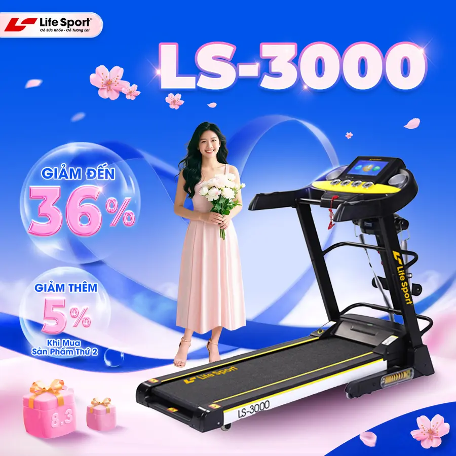 Máy Chạy Bộ Lifesport LS-3000,Hiển Thị Quãng Đường, Vận Tốc, Thời Gian Chạy, Nhịp Tim Tức Thời, Máy Chạy Đa Năng, Tích Hợp Đĩa Xoay Eo, Thanh Massage, Tạ Tay xeđạp chạybộ máy chạy máy  chạy