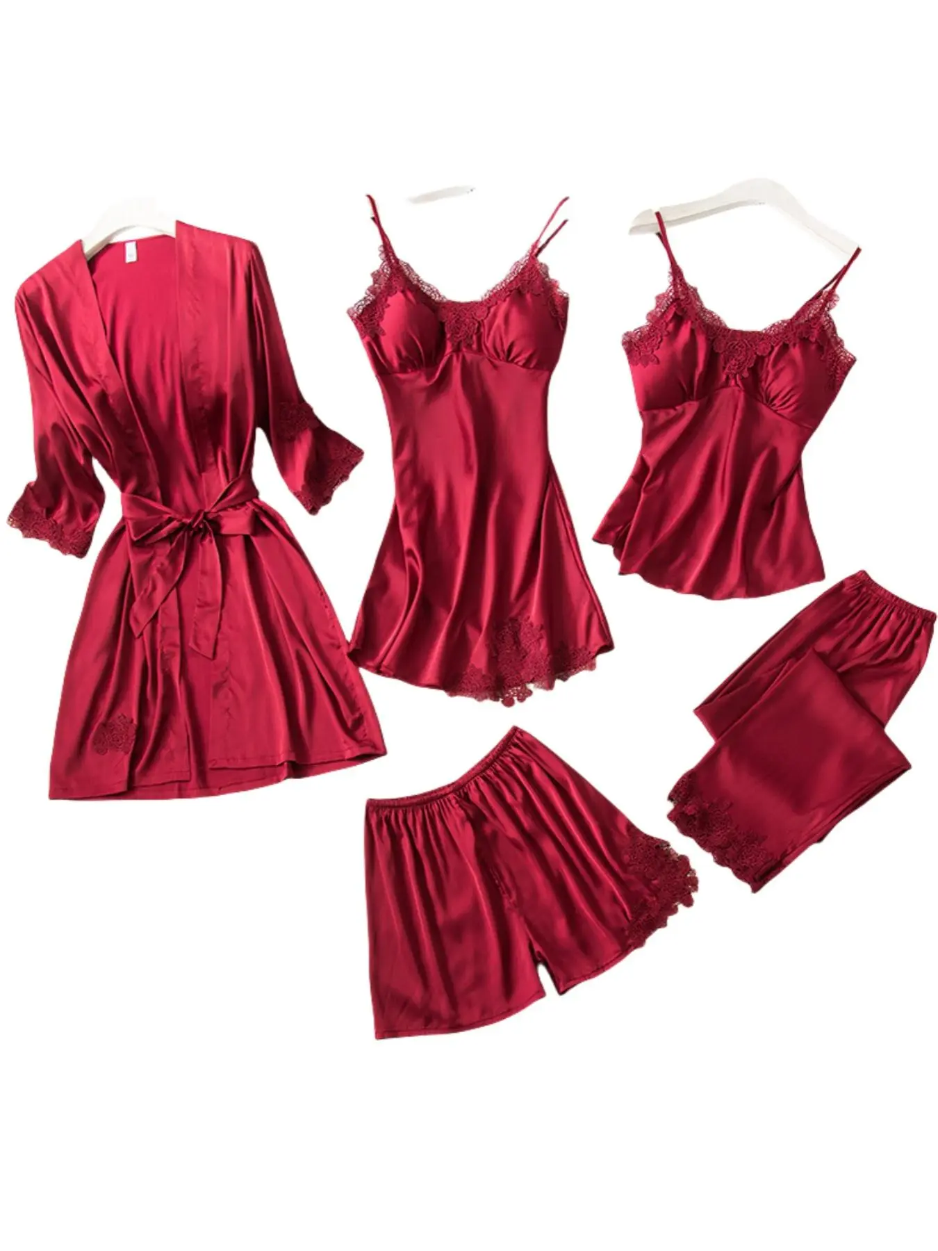 Women's Contrast Lace Pyjama Set, Silk Satin Cami Top & Cami Dress & Elastic Waist Shorts & Pants & Belted Lounge Robe Set, Women's Sleepwear for All Seasons