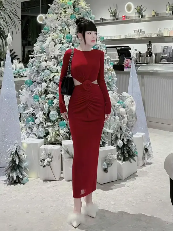 ĐẦM BODY TAY DÀI, KHOÉT EO ĐÍNH HOA GIỮA (40kg-55kg), chất thun ladong [GL80014] Nữ Women Dress Voi 4
