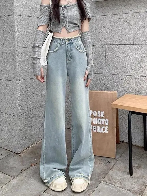 Quần Jean ống suông xanh nhạt có gấu tua rua S20 Nữ Pants Denim
