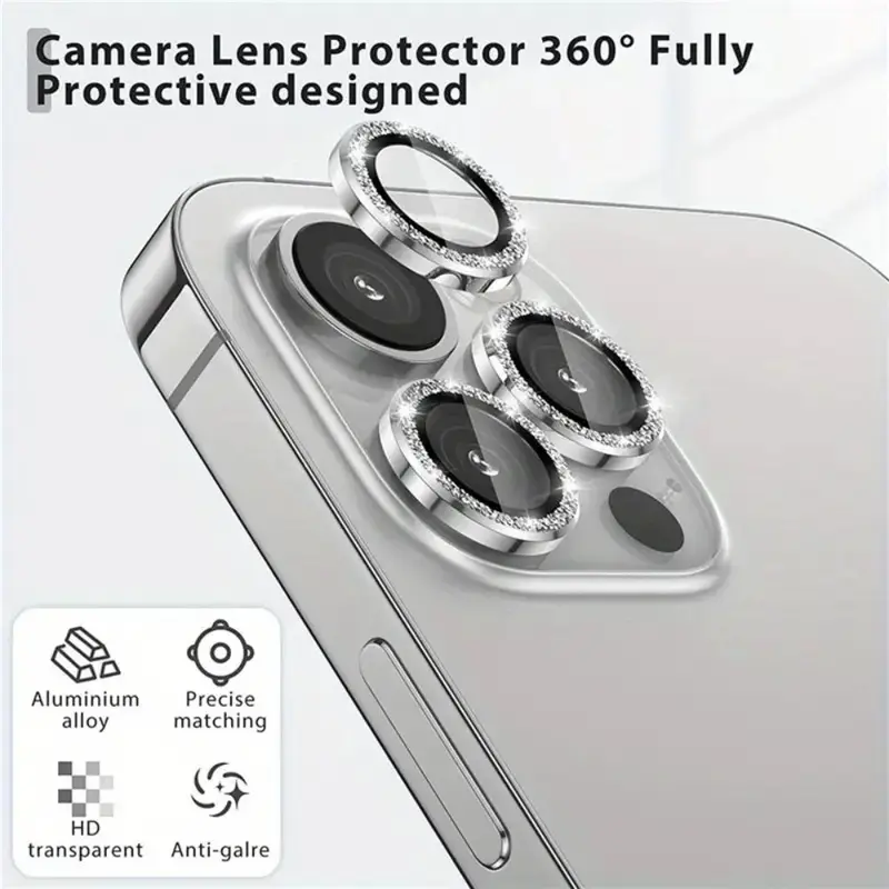Rhinestone Decor Phone Lens Protector, 1 Set Ultra-thin Design Tempered Glass Lens Protective Film Compatible With 11 12 13 14 15 Pro Max 15 Plus 3