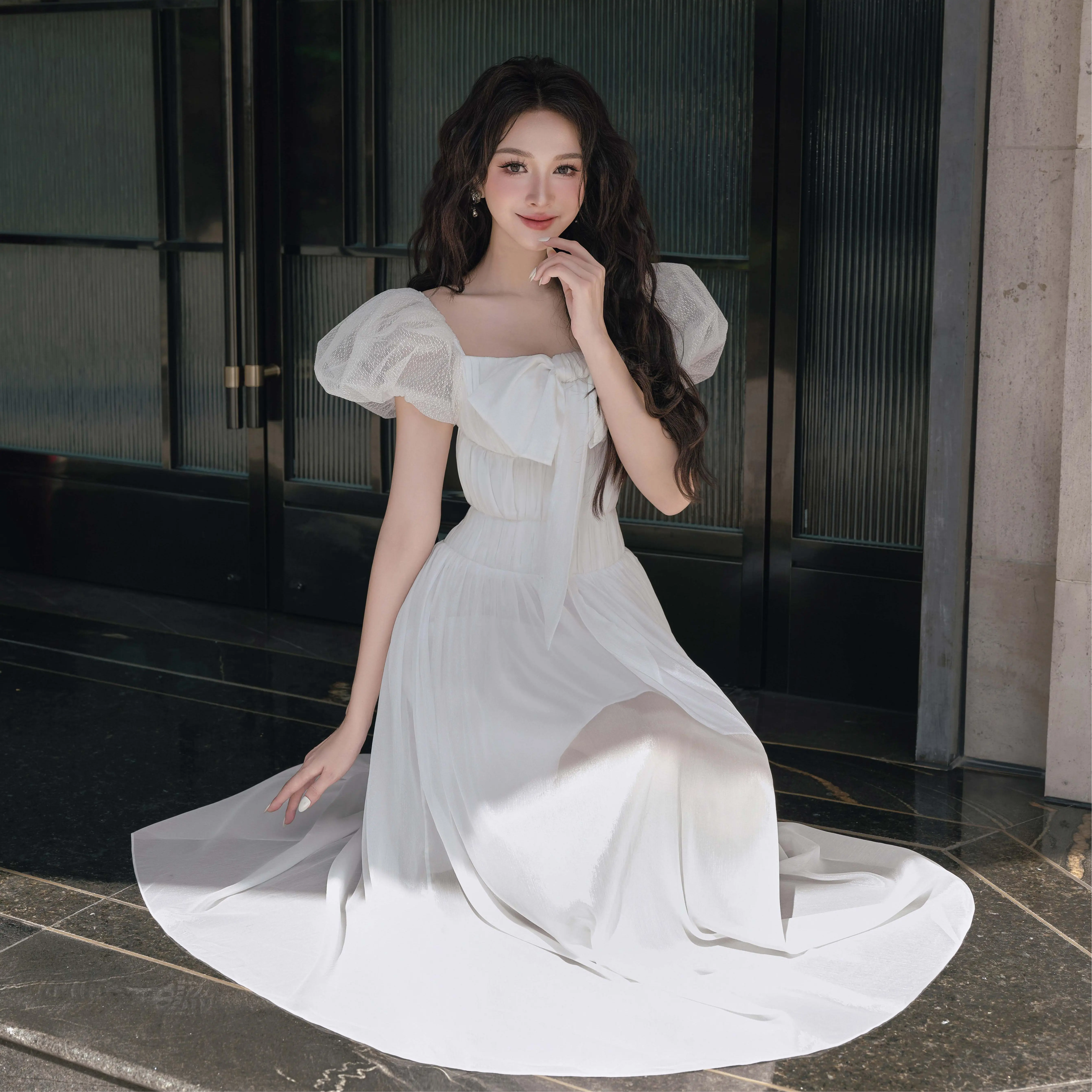 HALIA - Váy EDEN midi, tơ trắng, ruffed bản nơ, thanh lịch, sang trọng, Women Dress Màu Trắng váy trang xinh