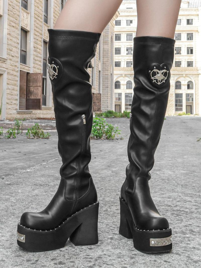 Product Introduction of Women's Fashionable Heart Decor Buckle Increase Elasticity Boots, 2024 New Style Elegant Over-the-knee Boots for Daily Wear, Trendy All-match Boots for Women & Girls Valentine's Day, Gift for Her 5