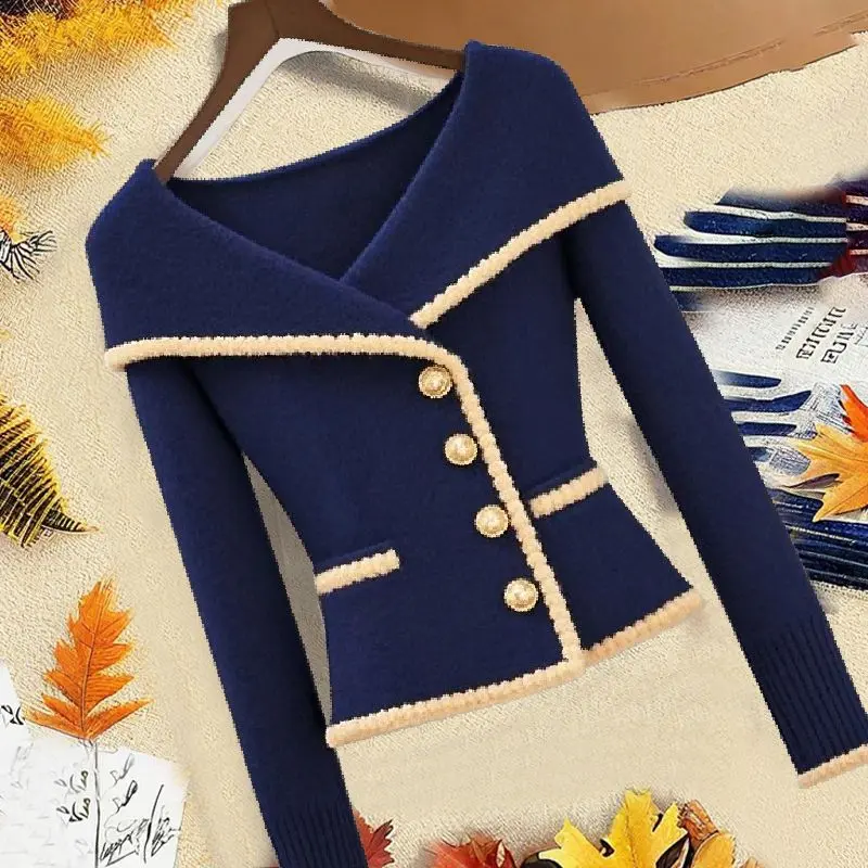 Áo Cardigan Len Phong Cách Hepburn, Thanh Lịch Và Sang Trọng, Thiết Kế Giấu Bồng Bềnh Ve Áo Màu Xanh Đậm, Thích Hợp Cho Mùa Thu, Có Thể Mặc Ngoài Trời Và Đi Lại, Áo Khoác Ins, Phong Cách Pháp