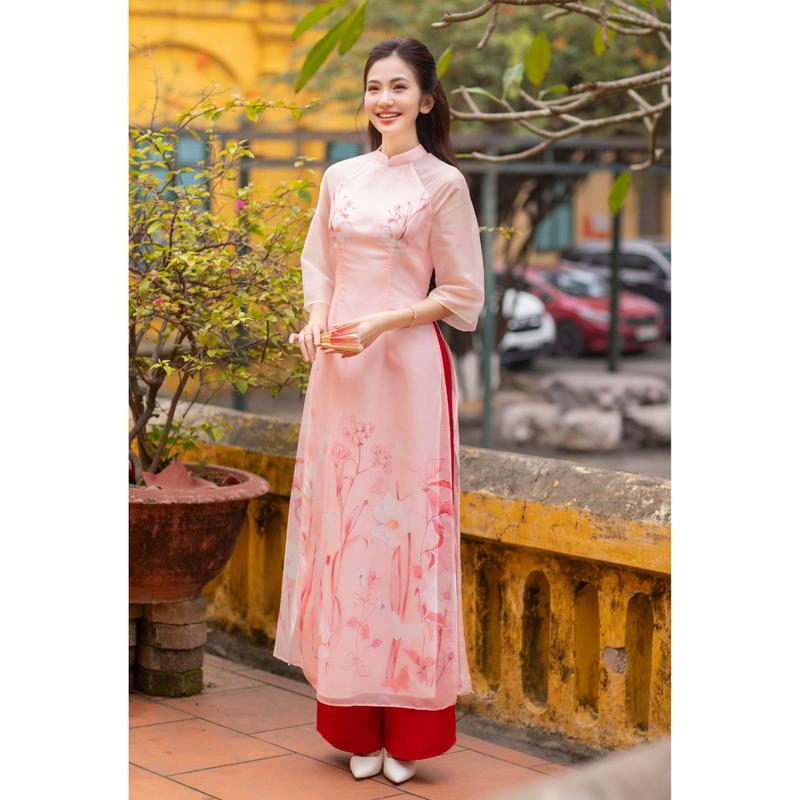 Áo dài Cẩm Ngọc, áo dài dáng truyền thống nữ màu hồng pastel tay xòe cổ trụ 2p, chất liệu tơ organza thoáng mát Nữ Dress Women