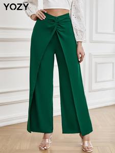YOZY Twist Front Wrap Pants, Elegant Solid Thin High Waisted Wide Leg Pants, 2024 Women's Daily Wear for All Season
